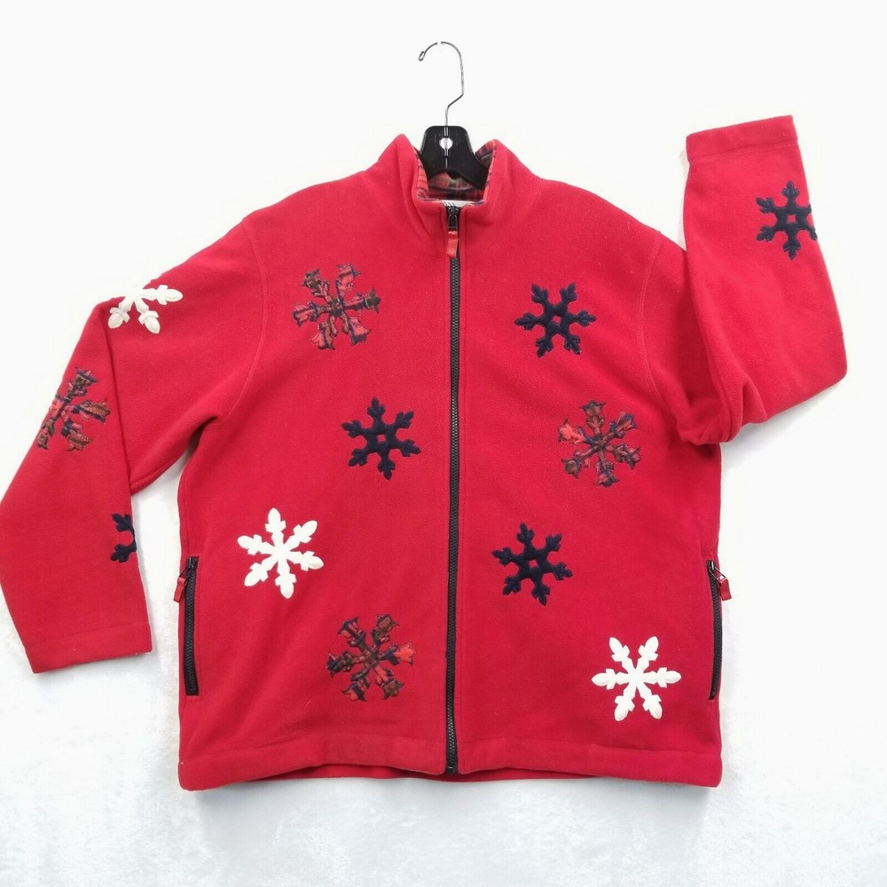 Marisa Christina Cardigan Women XL Red Full Zip Fleece Snowflake Winter Grandma